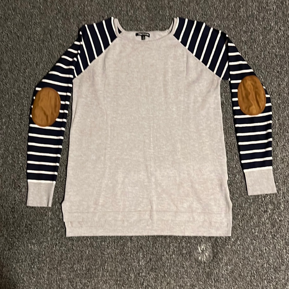 Blue stripe with brown elbow patches and gray buddy sweater